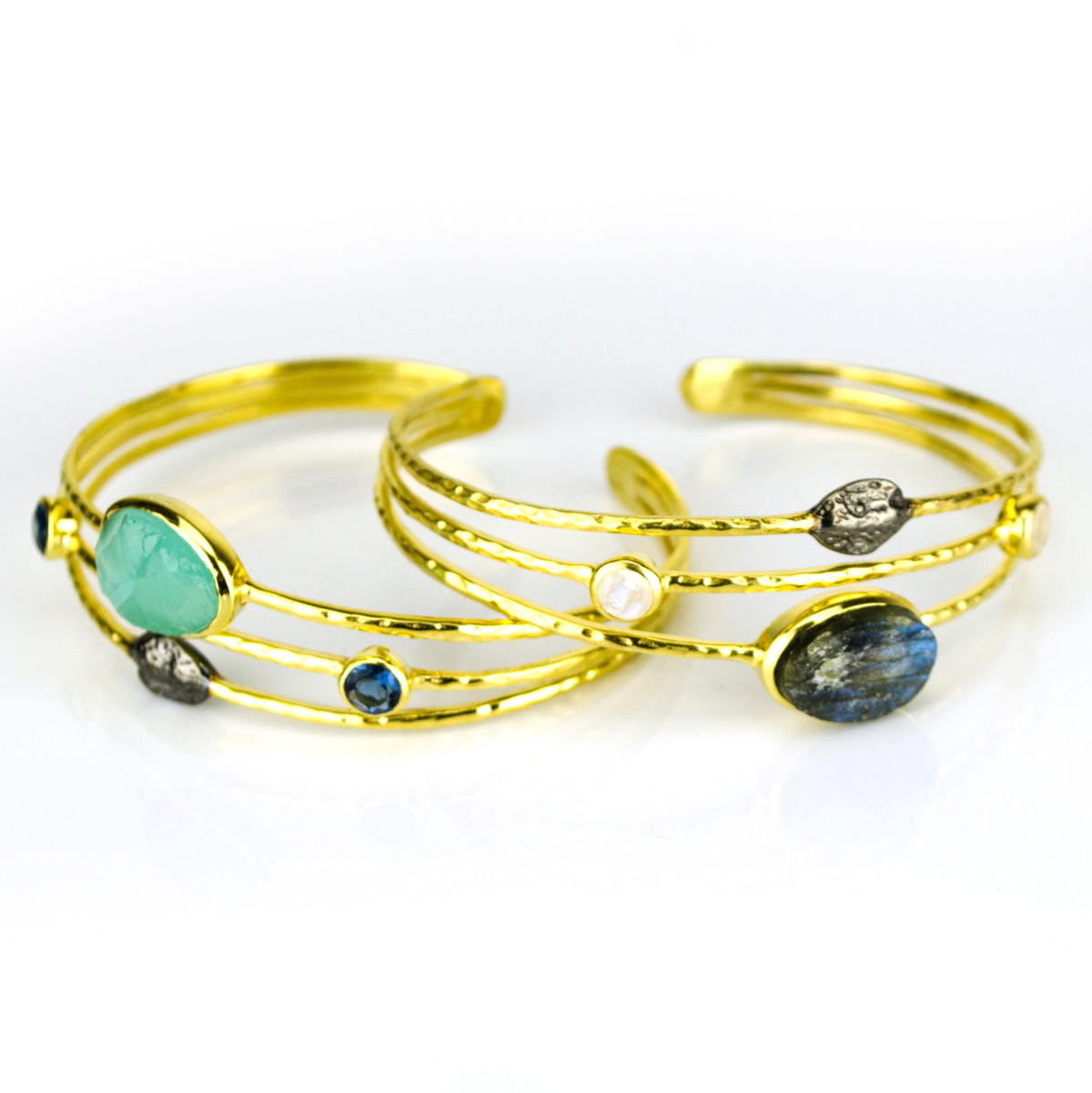 Rough Cut Aqua Chalcedony Open Bangle with Kyanite Quartz Details