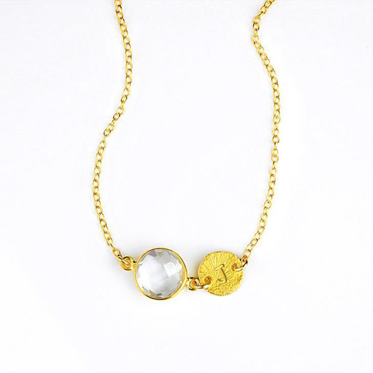 Personalized April Birthstone & Initial Charm Necklace, 925 Sterling Silver, 18k Vermeil Gold, Custom Clear Quartz Gem Station Necklace, Minimalist Gemstone Necklace, Christmas Gift for Women, Girls