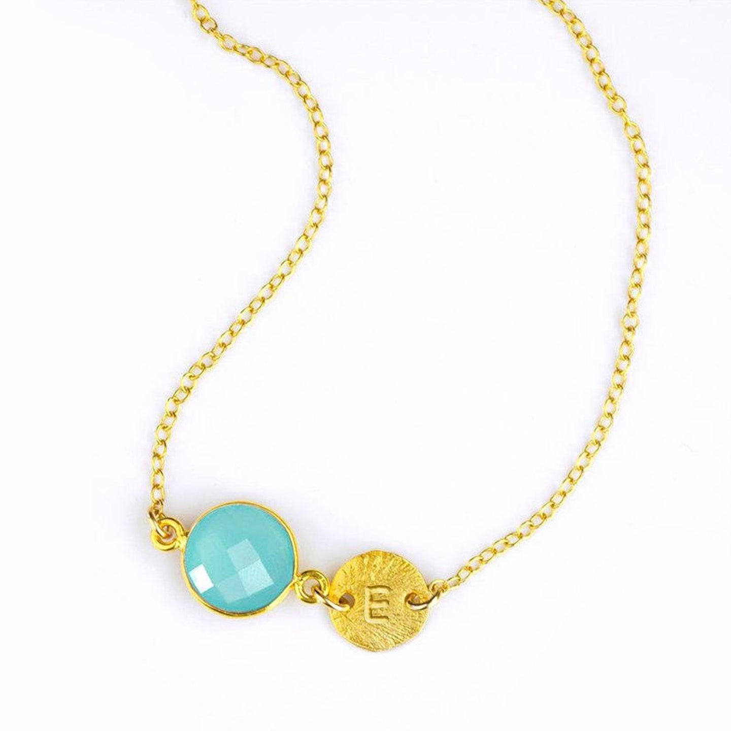 Personalized March Birthstone & Initial Charm Necklace, 925 Sterling Silver, 18k Vermeil Gold, Custom Aqua Chalcedony Station Necklace, Minimalist Gemstone Necklace, Christmas Gift for Her, for Women