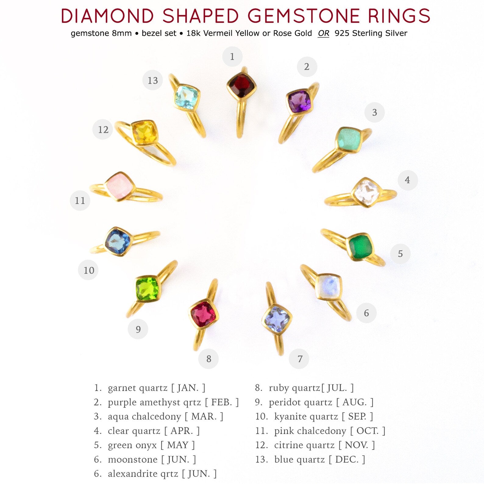Mixed Shapes Diamond & Tiny Round Stacking Ring Set, Sterling Silver, 18k Vermeil Gold, Birthstone Rings for Mom, Mother's Stackable Rings for Women