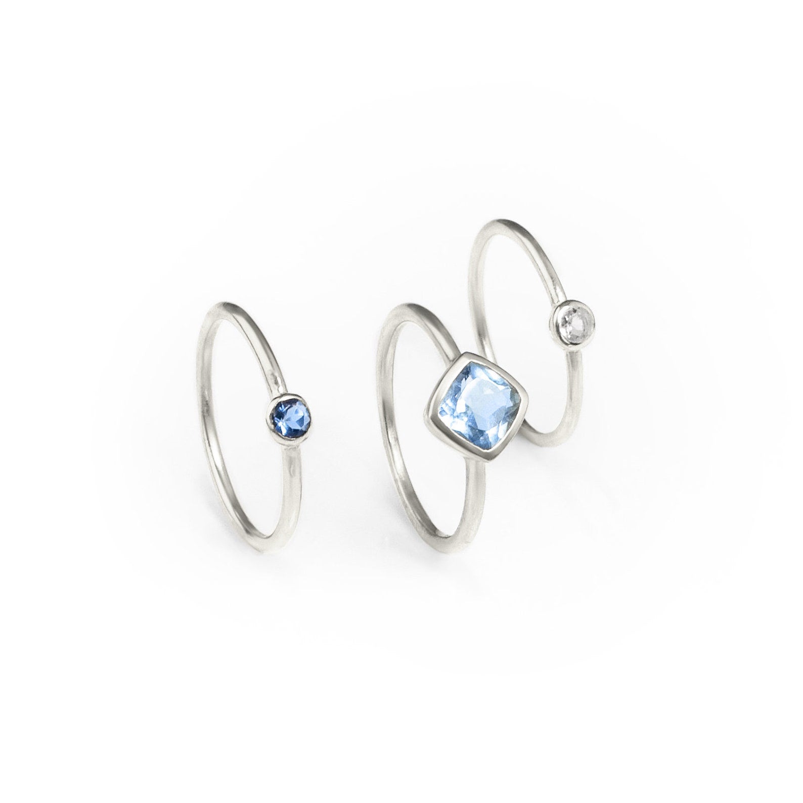 Mixed Shapes Diamond & Tiny Round Stacking Ring Set, Sterling Silver, 18k Vermeil Gold, Birthstone Rings for Mom, Mother's Stackable Rings for Women