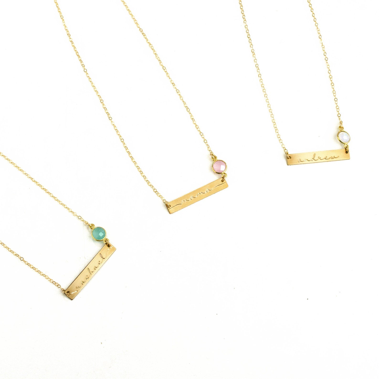 five by thirty millimeter size engraved bar pendant personalized mama necklace with 6mm birthstone jewelry yellow gold personalized necklace