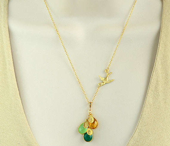 Family Necklace, Flying Momma Bird with Baby Birds and Birthstones