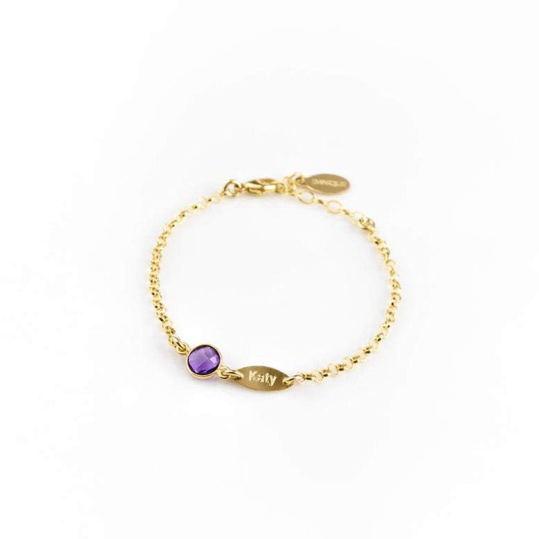 Gold filled birthstone bracelet with purple amethyst and engraved marquis tag with katy on it. This bracelet is adjustable with a lobster clasp.
