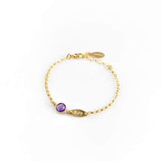 Gold filled birthstone bracelet with purple amethyst and engraved marquis tag with katy on it. This bracelet is adjustable with a lobster clasp.