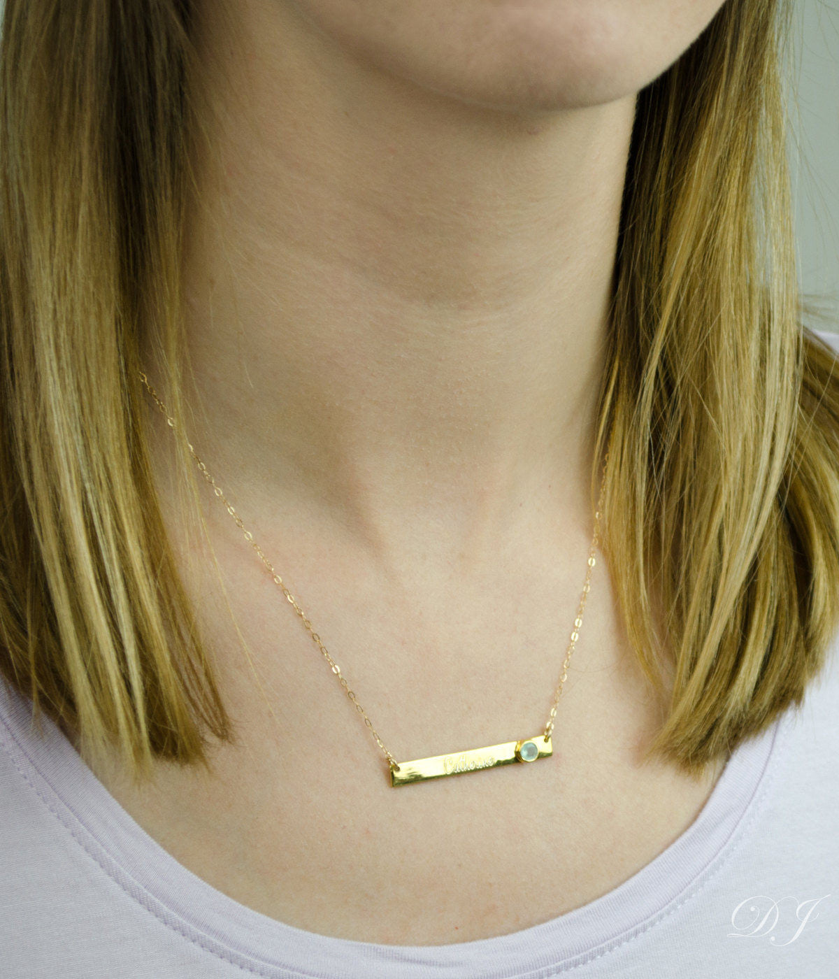 March Custom Bar Necklace with Bezel Birthstone