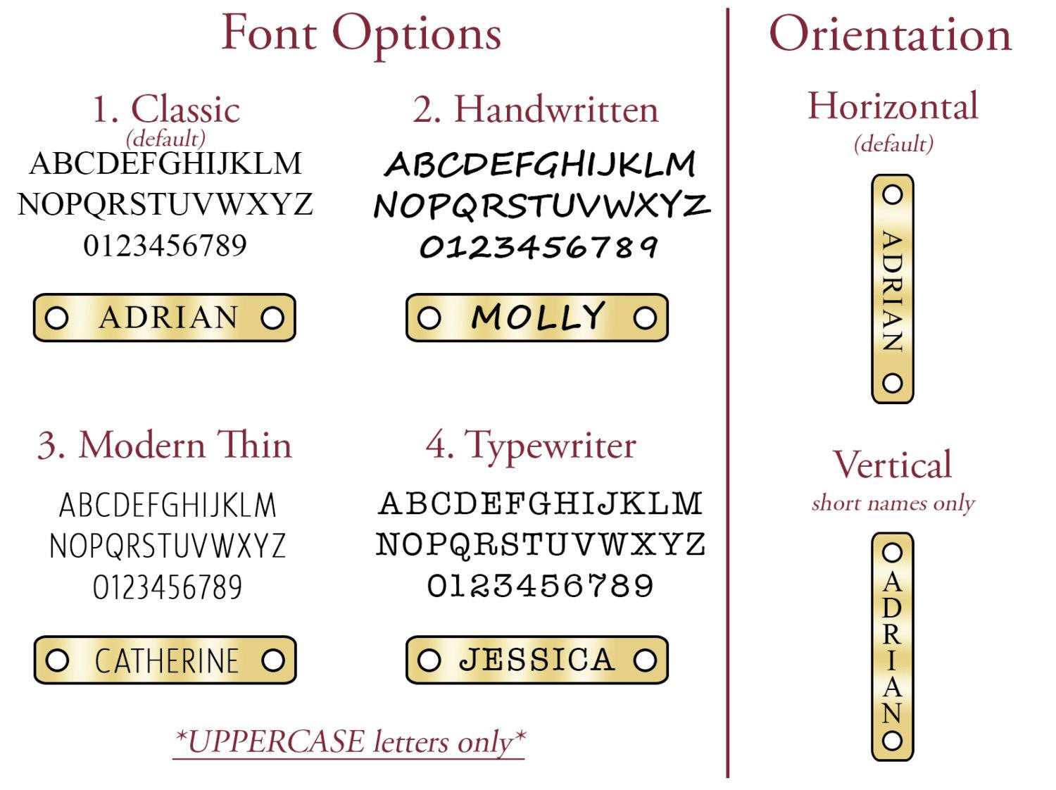 Choose orientation and font options such as classic, handwritten, modern thin and typewriter. Engrave a name or date on one or both sides of the bar charms.