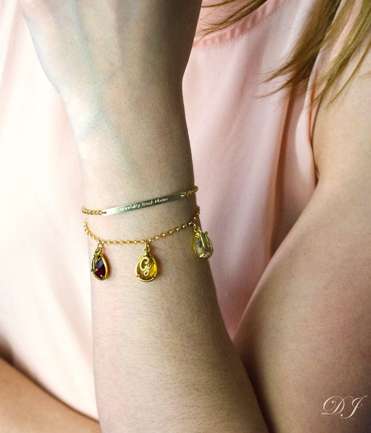 Mother's Birthstone Bracelet with Script Letter Charms