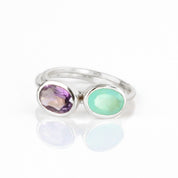 Set of 2 Sterling Silver Tiny Oval Rings Aqua Chalcedony and Purple Amethyst