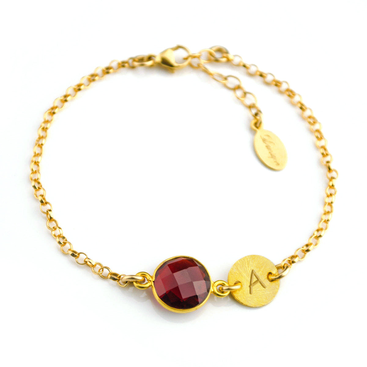 Personalized Garnet Bracelet with Initial Charm • January Birthstone