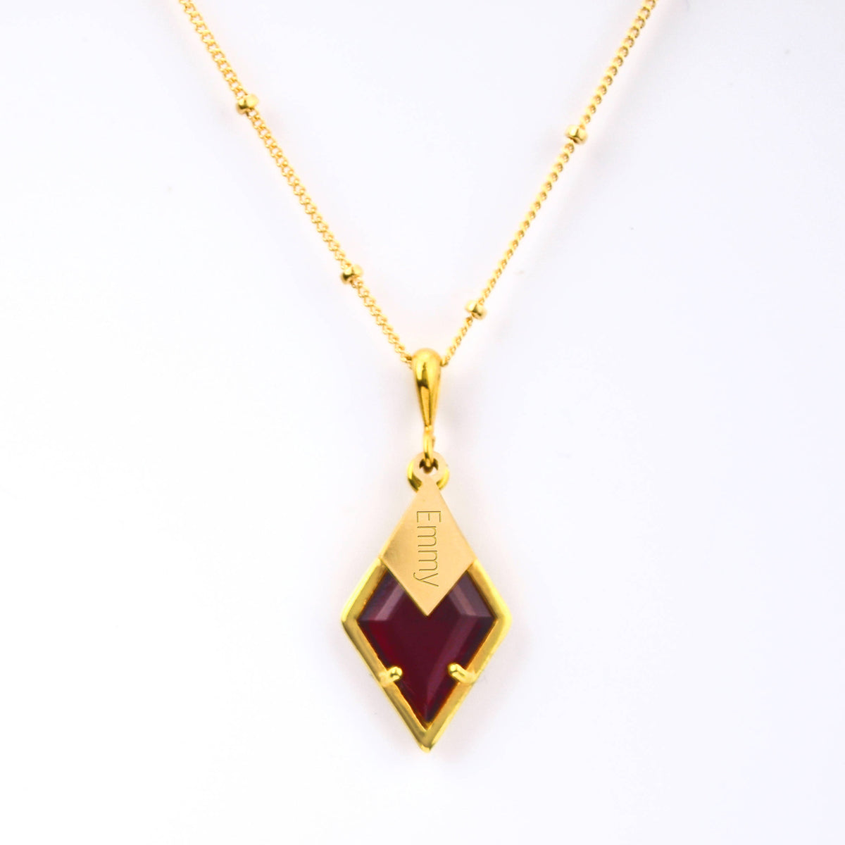 Diamond Shaped Birthstone and Name Necklace : January Garnet Quartz