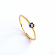 Single gold plated dainty 3mm Kyanite gemstone ring. September  birthstone. On white background. 925 sterling silver, birthstone ring, stacking ring, stackable, birthstone jewelry, facet gemstone