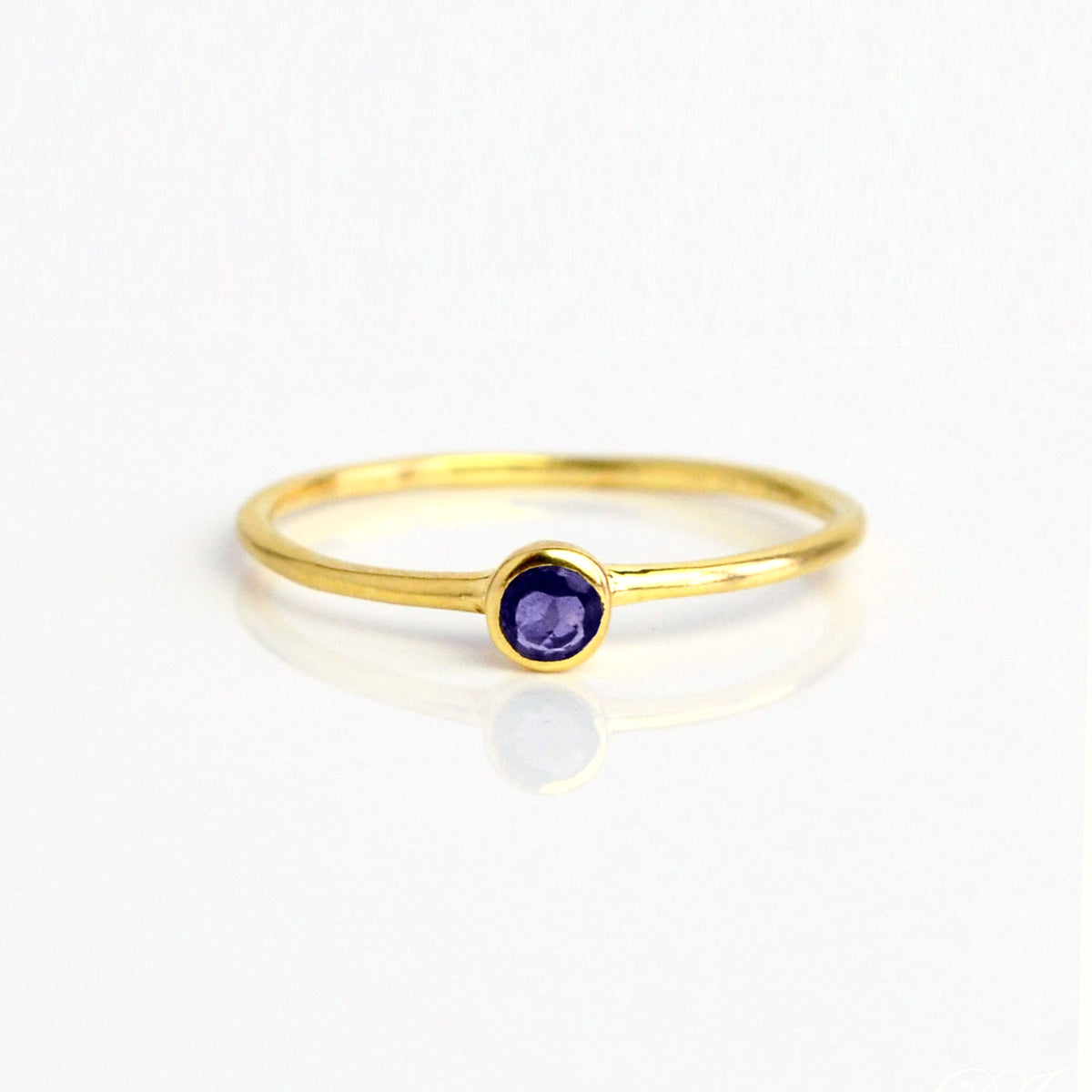 Single gold plated dainty 3mm Kyanite gemstone ring. September  birthstone. On white background. 925 sterling silver, birthstone ring, stacking ring, stackable, birthstone jewelry, facet gemstone