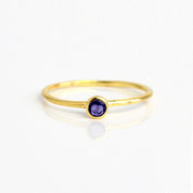 Single gold plated dainty 3mm Kyanite gemstone ring. September  birthstone. On white background. 925 sterling silver, birthstone ring, stacking ring, stackable, birthstone jewelry, facet gemstone