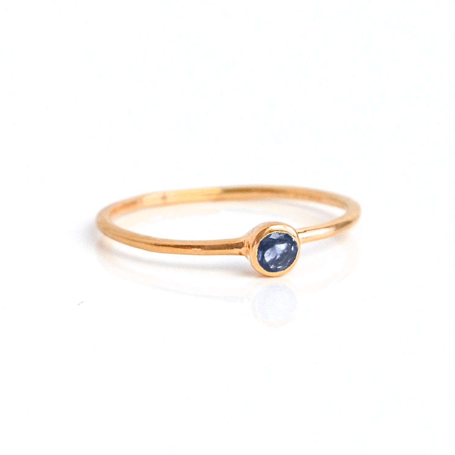 Rose gold plated dainty 3mm Kyanite gemstone ring. September  birthstone. On white background. 925 sterling silver, birthstone ring, stacking ring, stackable, birthstone jewelry, facet gemstone