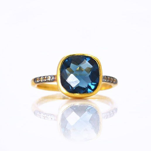 Kyanite gold plated cushion bezel square White topaz pave stacking ring on white background. September birthday, September gemstone, square gemstone, sterling silver, blue birthstone, blue ring, faceted gemstone