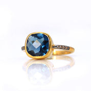 Kyanite gold plated cushion bezel square White topaz pave stacking ring on white background. September birthday, September gemstone, square gemstone, sterling silver, blue birthstone, blue ring, faceted gemstone