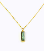 Vertical gold filled cable labradorite gemstone bar adira series necklace on white background