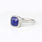 Sterling Silver Lapis Lazuli cushion bezel square stacking ring on white background. September birthday, September gemstone, square gemstone, blue birthstone, blue stone ring, sterling silver 925