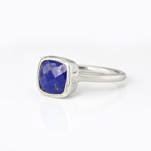 Sterling Silver Lapis Lazuli cushion bezel square stacking ring on white background. September birthday, September gemstone, square gemstone, blue birthstone, blue stone ring, sterling silver 925