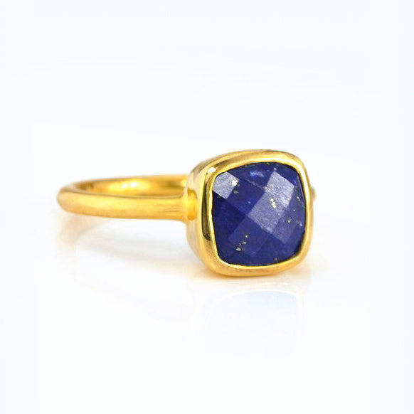 Lapis Lazuli gold plated cushion bezel square stacking ring on white background. September birthday, September gemstone, square gemstone, blue birthstone, blue stone ring, sterling silver 925