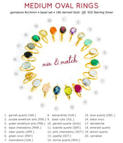 Medium oval birthstone rings gemstone rings include Garnet, Purple Amethyst, Green Amethyst, Aqua Chalcedony, Clear Quartz, green onyx, emerald, moonstone, alexandrite, ruby, peridot, kyanite, sapphire, pink chalcedony, opalite, citrine, blue topaz, black onyx, turquoise, labradorite, tourmaline, lemon quartz, carnelian stackable oval rings 
