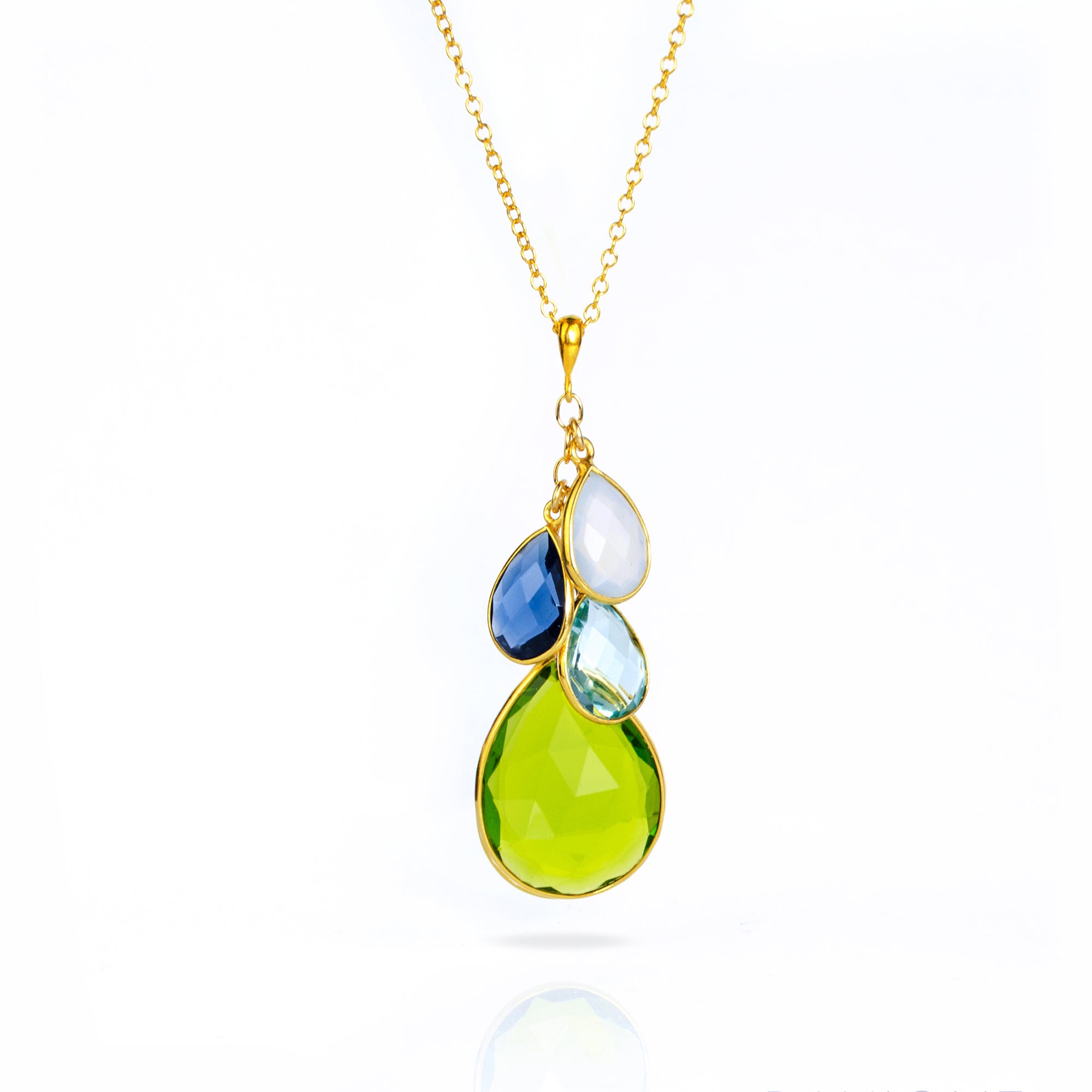 Single gold filled cable style cascade chain with large mother's peridot birthstone and three kid's stones including moonstone, kyanite and blue topaz