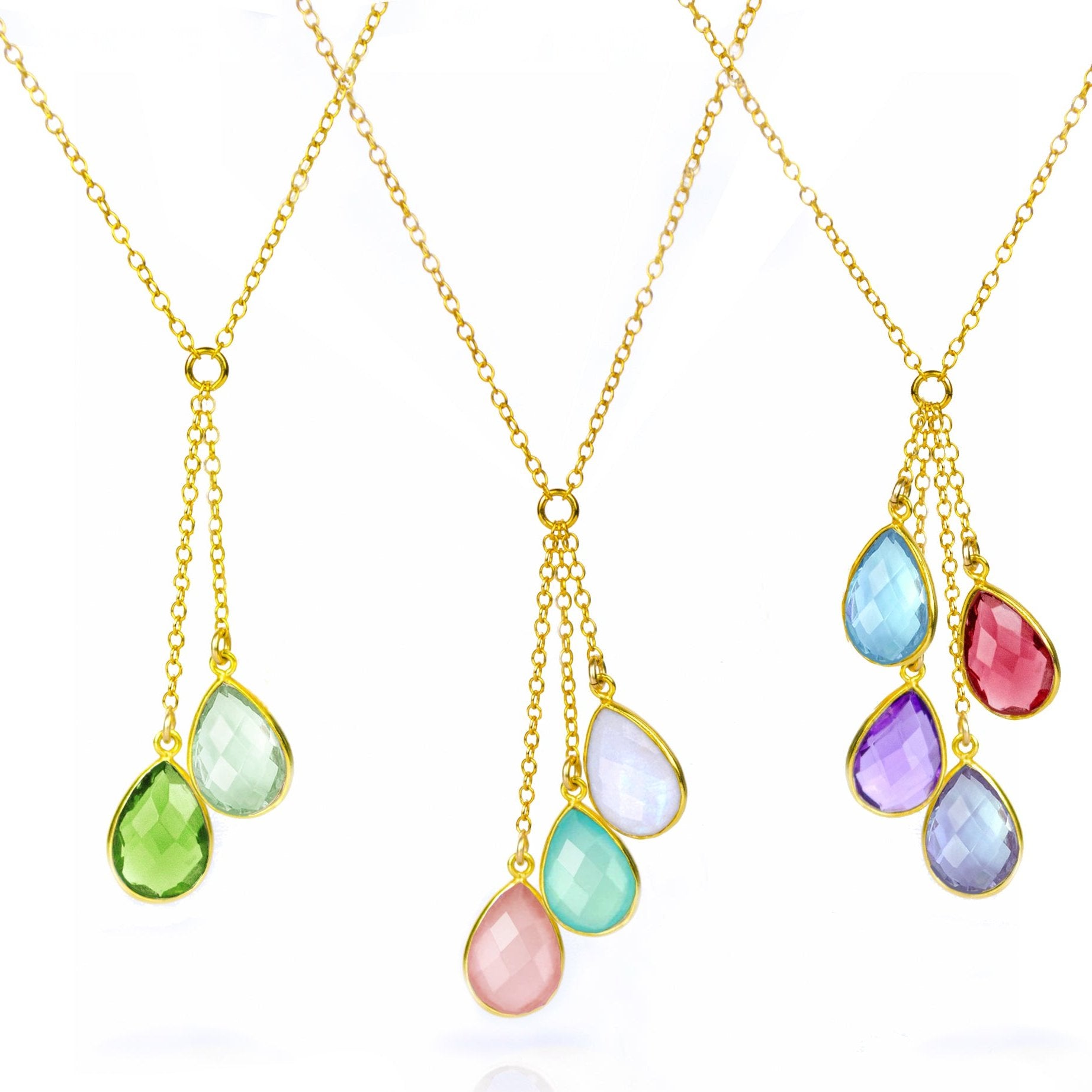 3 lariat necklaces in gold. Personalized lariat necklace, cascading birthstones, gold lariat necklace, silver lariat jewelry, rose gold birthstone necklace, custom birthstone pendant, family birthstone jewelry, custom gemstone necklace, stylish lariat necklace, gift for her, birthstone drop pendant
