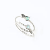 Two sterling silver leaf initial 3mm birthstone ring with aqua chalcedony and moonstones. Each engraved leaf. 