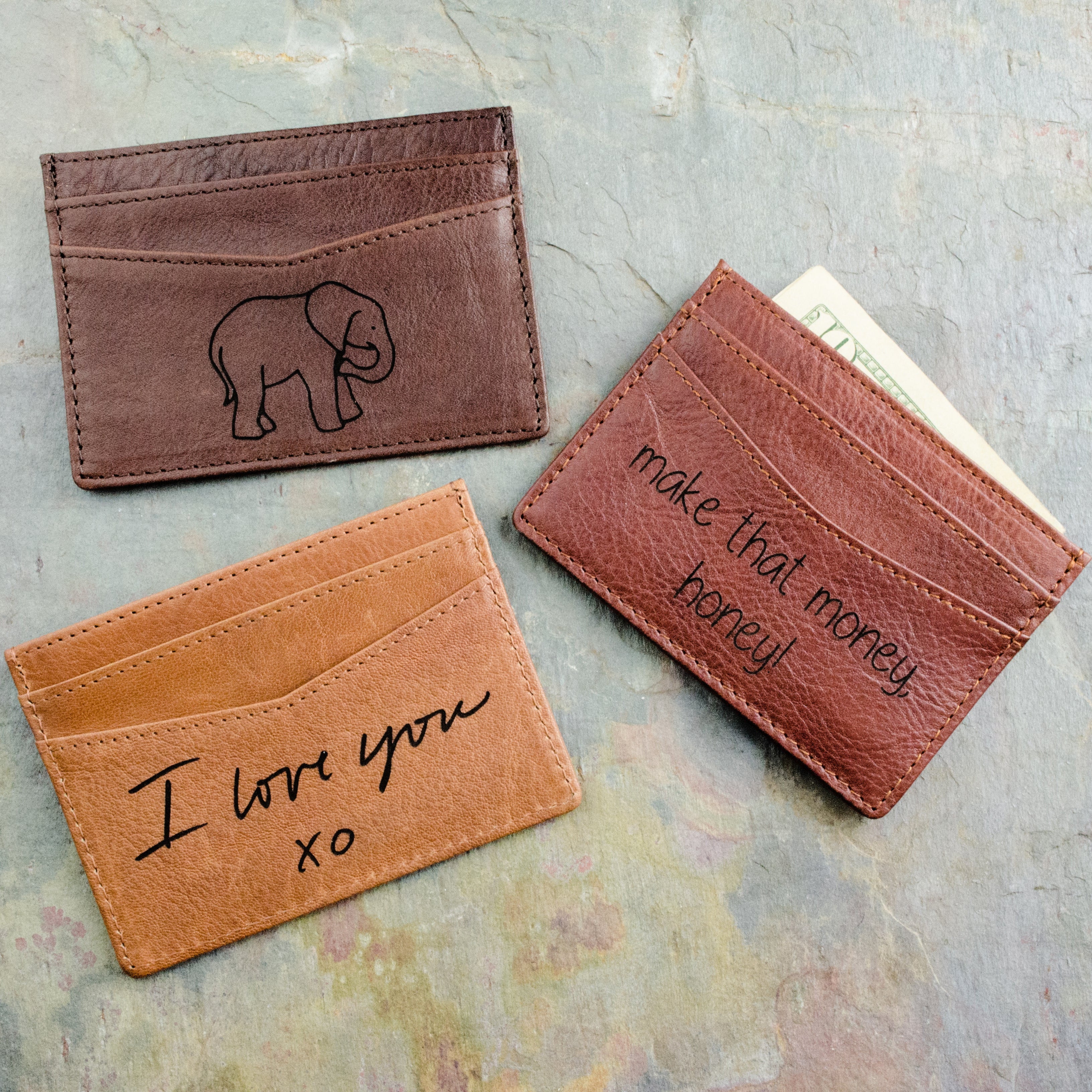 actual handwriting or drawing laser engraving leather cardholder 3 colors 4 card pockets middle misc pocket job promotion gift new business venture 