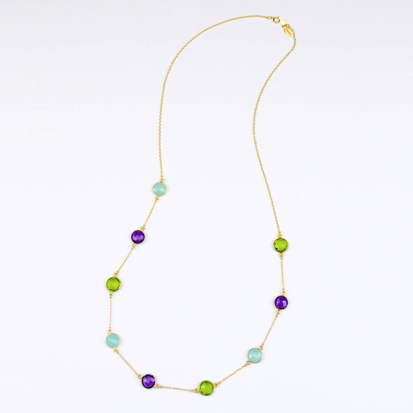 Long Purple Amethyst, Aqua Chalcedony and Peridot bezel station necklace