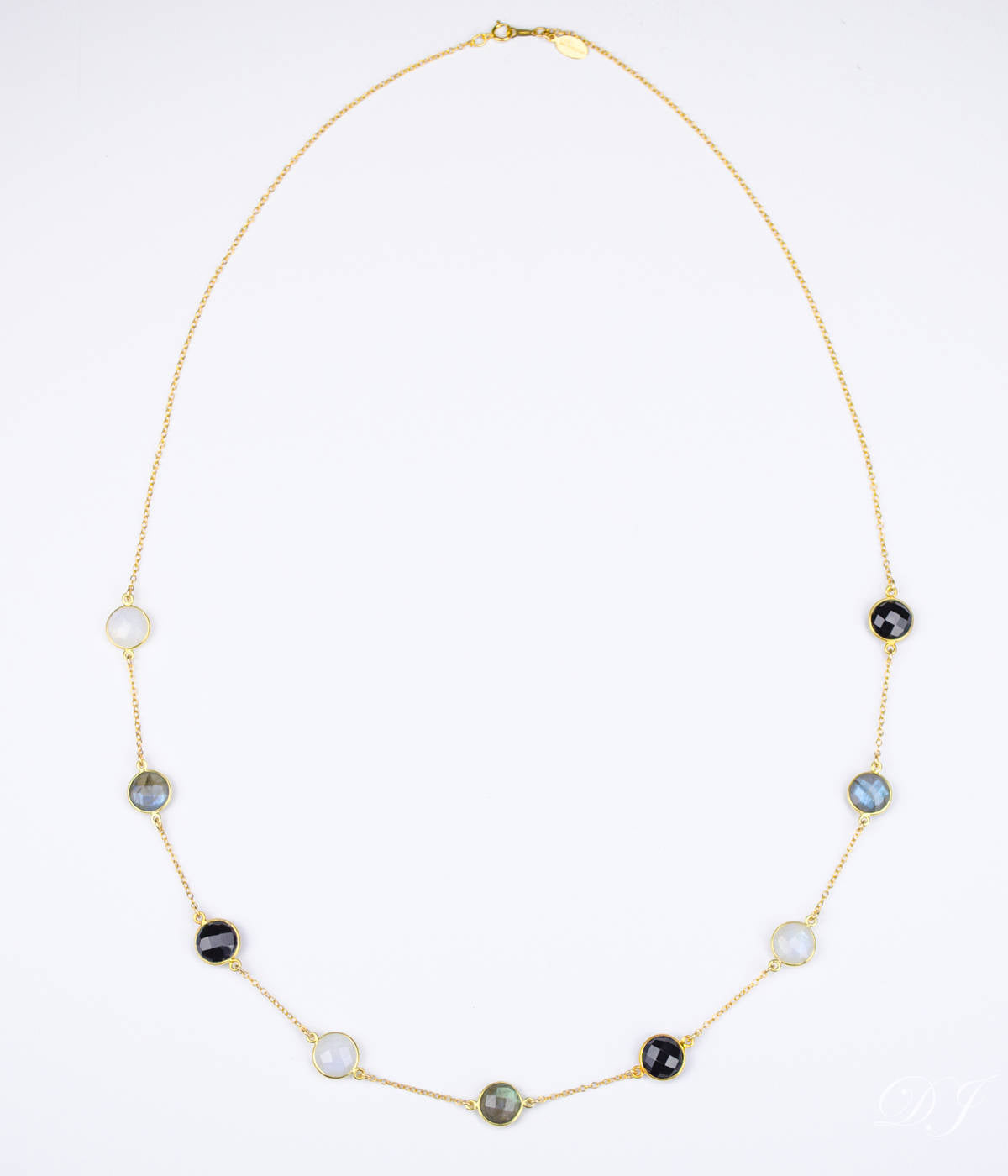 Long Labradorite, Moonstone and Black Onyx bezel station necklace
