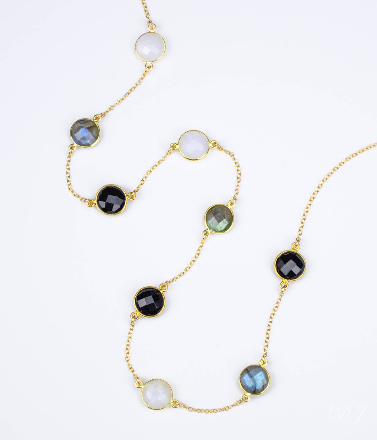 Long Labradorite, Moonstone and Black Onyx bezel station necklace