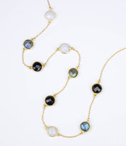 Long Labradorite, Moonstone and Black Onyx bezel station necklace