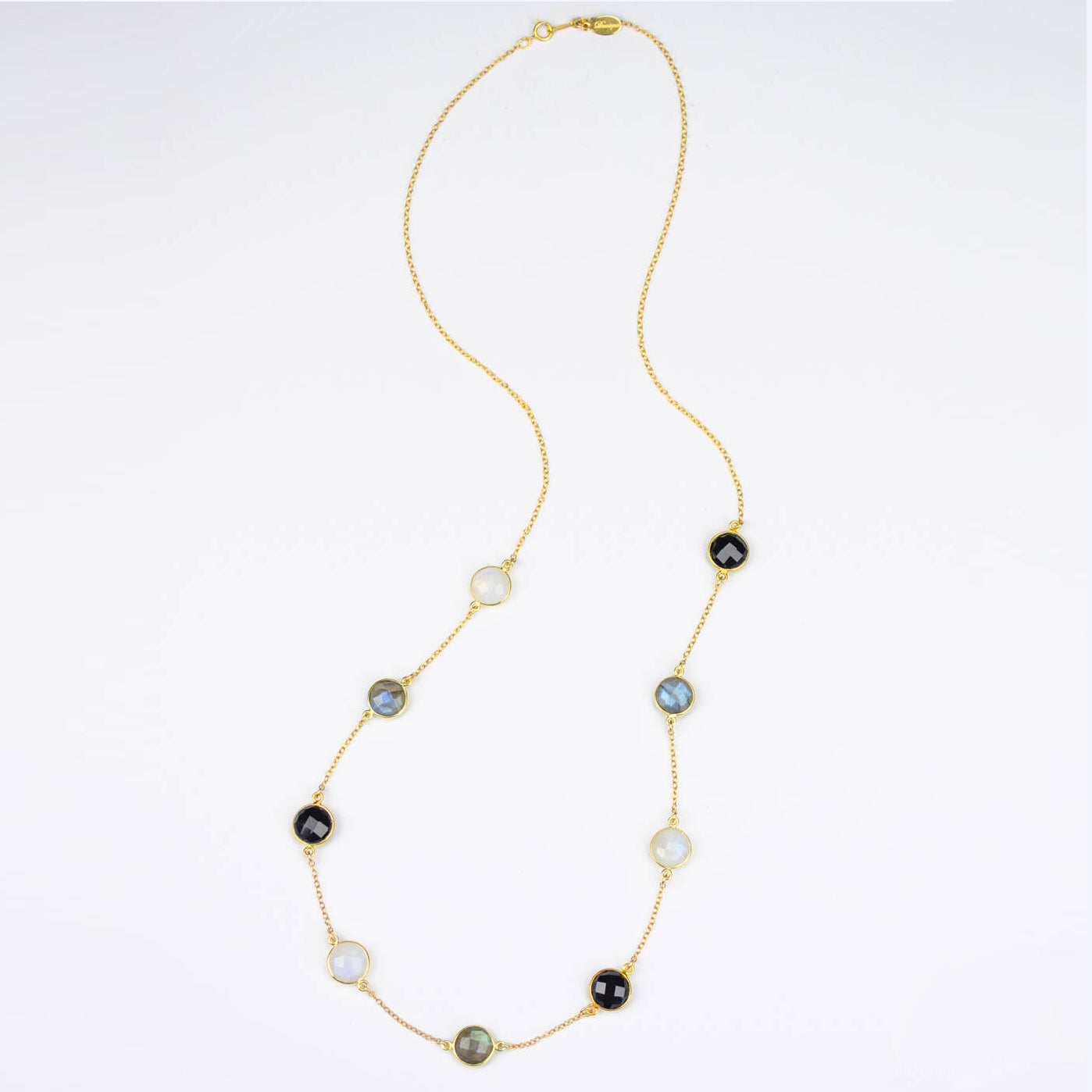 Long Labradorite, Moonstone and Black Onyx bezel station necklace