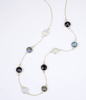 Long Labradorite, Moonstone and Black Onyx bezel station necklace