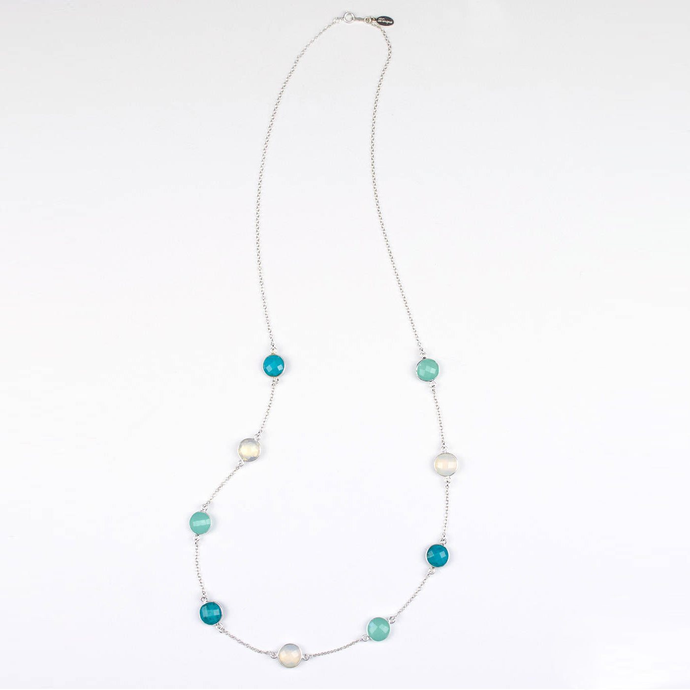 Long Opalite, Aqua Chalcedony, Turquoise bezel station necklace