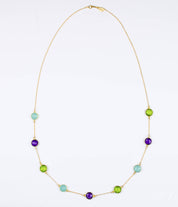 Long Purple Amethyst, Aqua Chalcedony and Peridot bezel station necklace