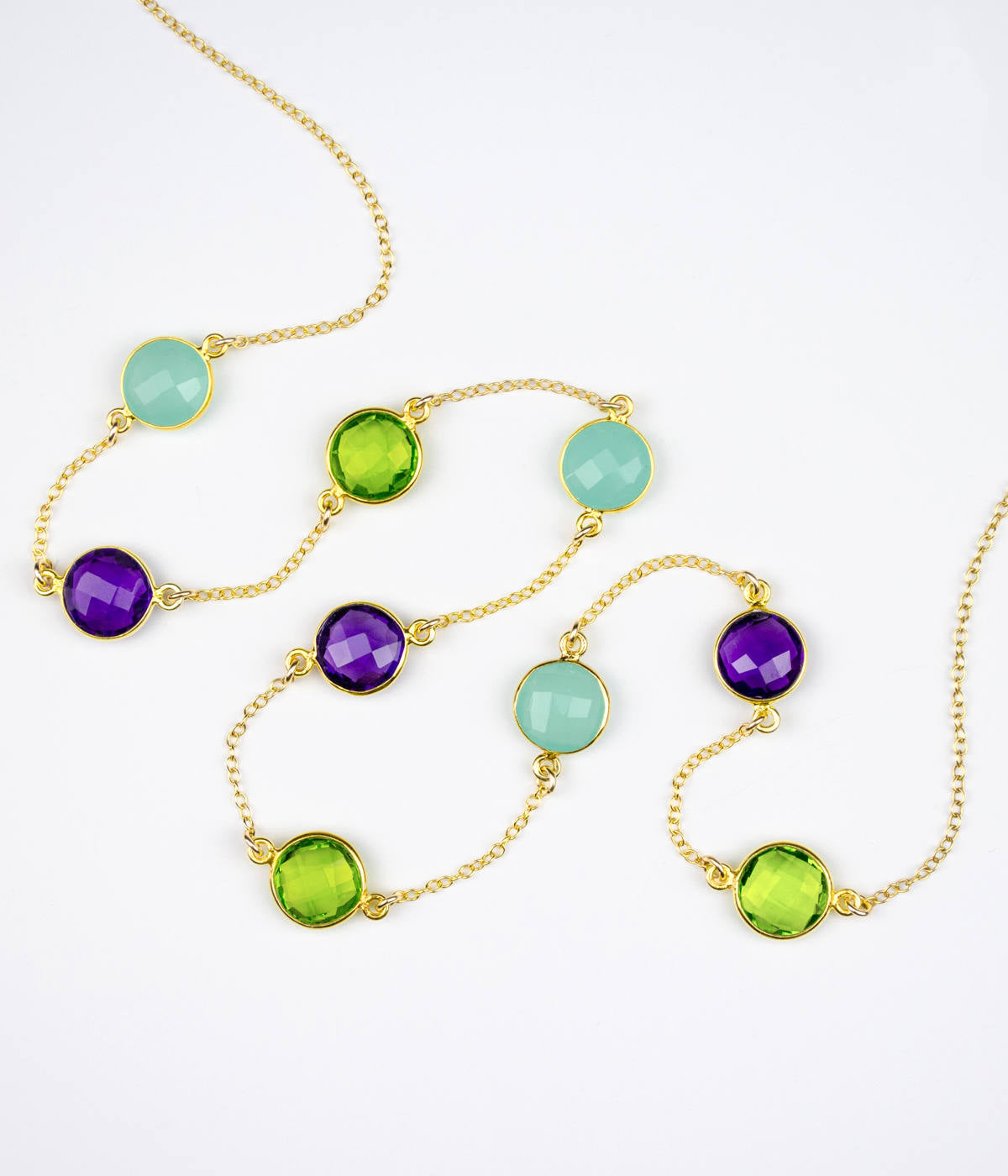 Long Purple Amethyst, Aqua Chalcedony and Peridot bezel station necklace