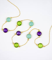 Long Purple Amethyst, Aqua Chalcedony and Peridot bezel station necklace