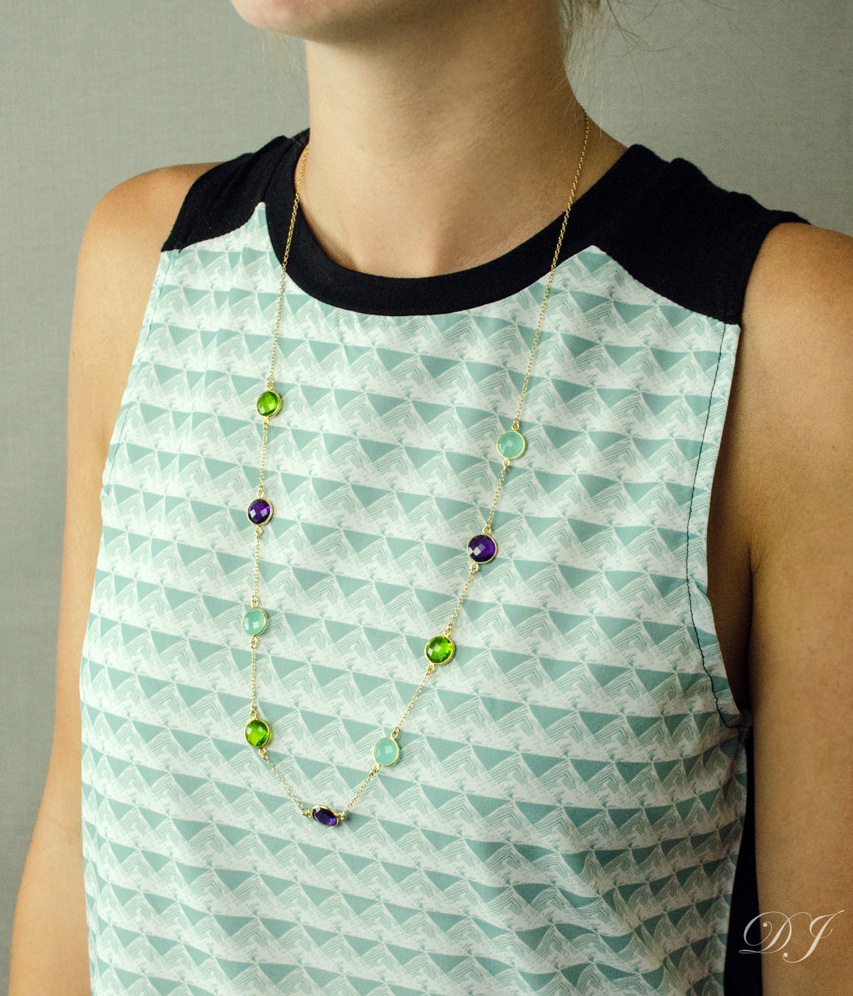 Long Aqua Chalcedony, Green Chalcedony and Pink Chalcedony bezel station necklace