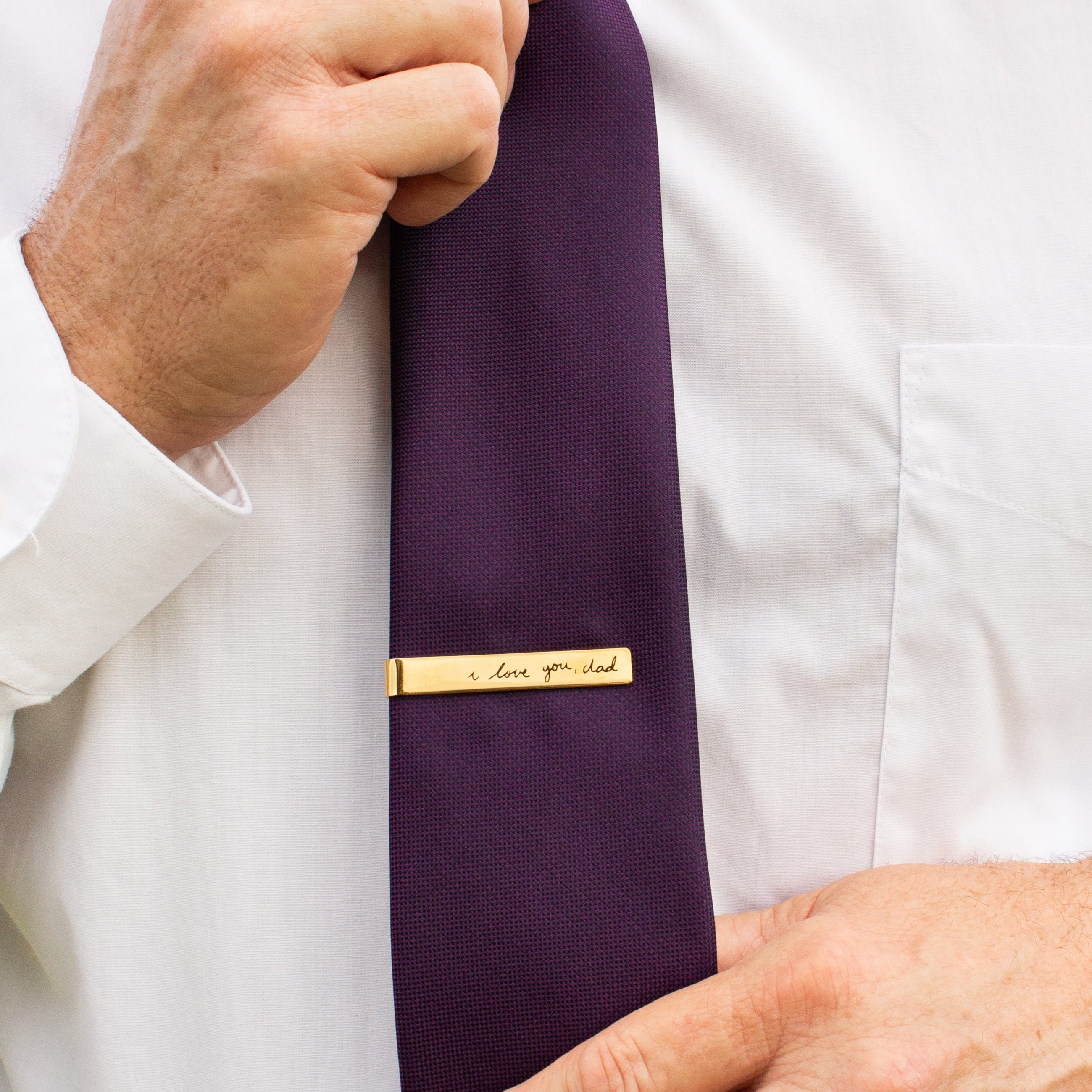 dad wearing engraved tie clip from handwriting. Great gift for dads, Father's Day, Retirement, new job or promotion or for your wedding party, dad gift, fathers day gift, gift for dad, gift for him, christmas, groomsman gift, promotion gift, grad gift, graduation gift. anniversary gift