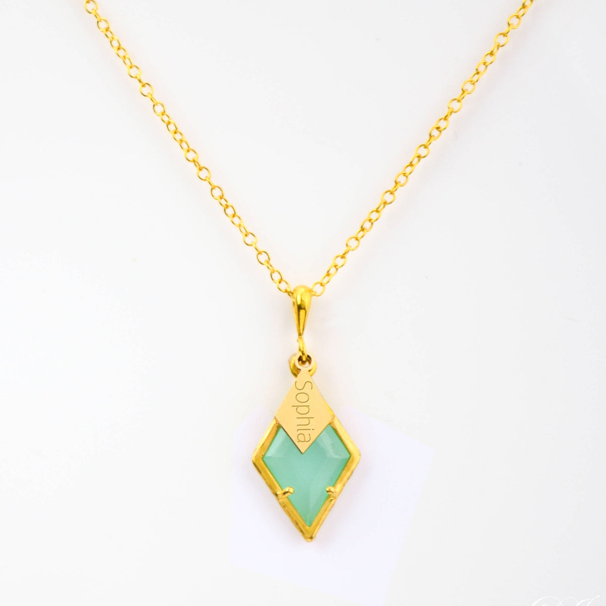 Diamond Shaped Birthstone and Name Necklace : March Aqua Chalcedony