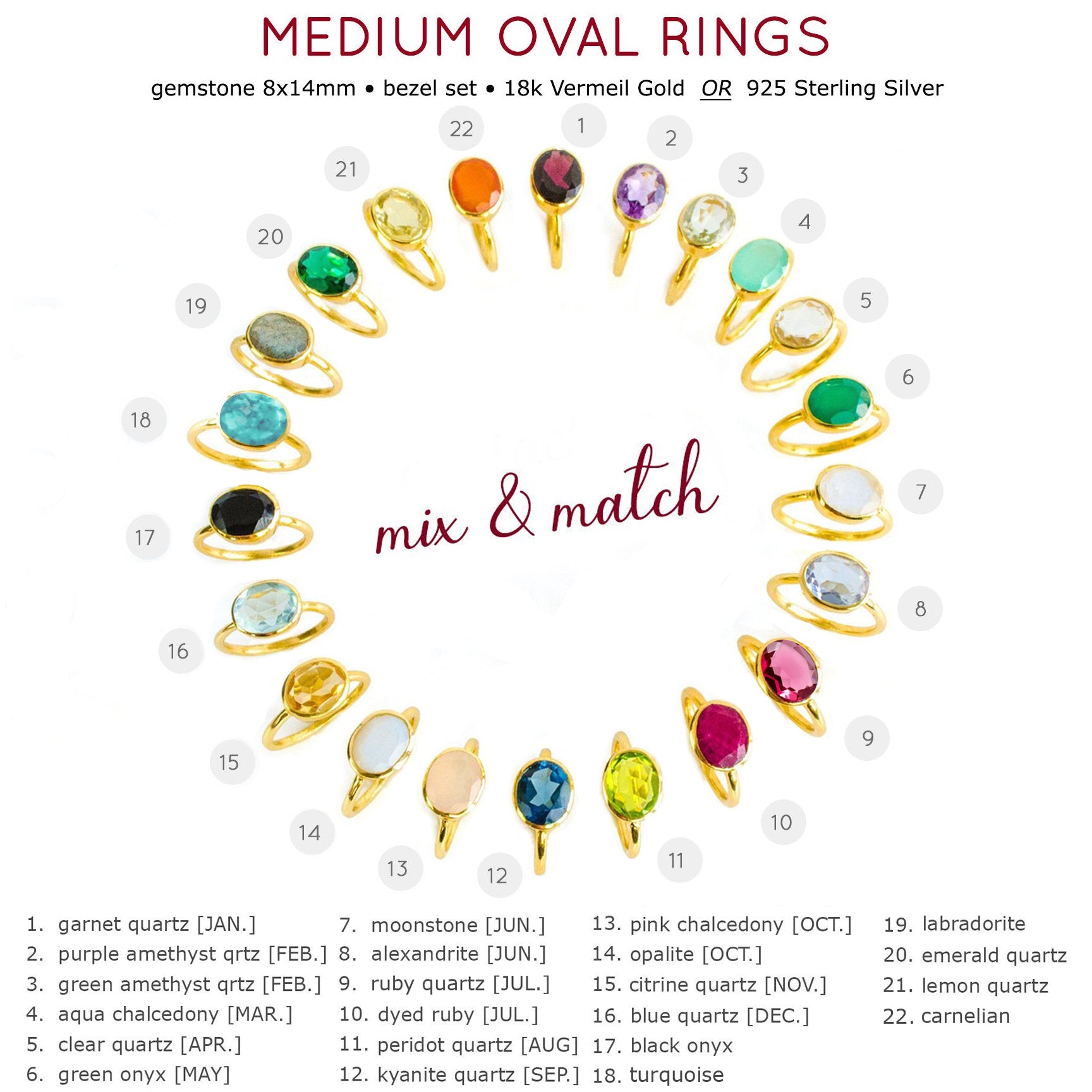 Medium oval birthstone rings gemstone rings include Garnet, Purple Amethyst, Green Amethyst, Aqua Chalcedony, Clear Quartz, green onyx, emerald, moonstone, alexandrite, ruby, peridot, kyanite, sapphire, pink chalcedony, opalite, citrine, blue topaz, black onyx, turquoise, labradorite, tourmaline, lemon quartz, carnelian stackable oval rings 