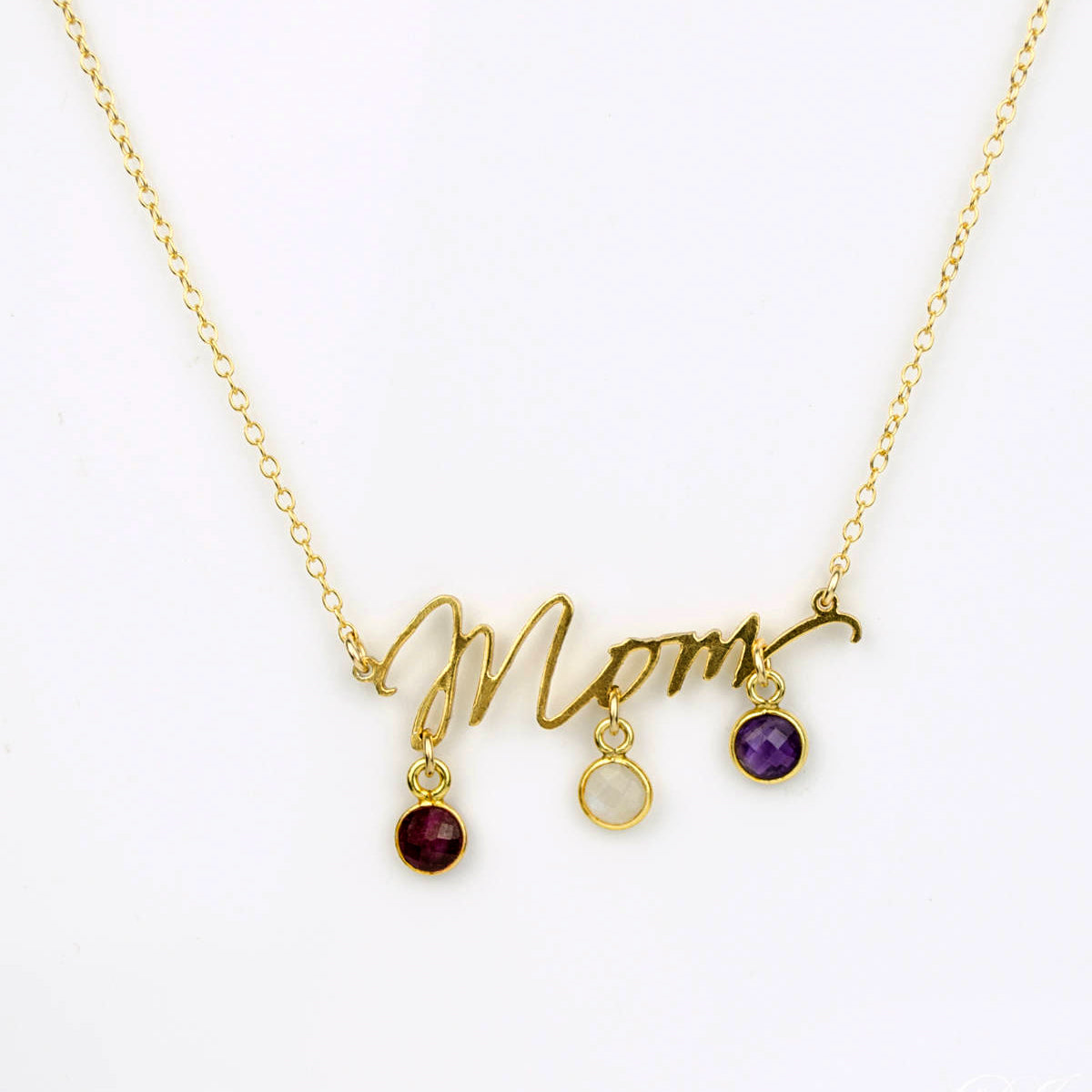 Mom Word Necklace with Tiny Kid's Birthstone Pendants