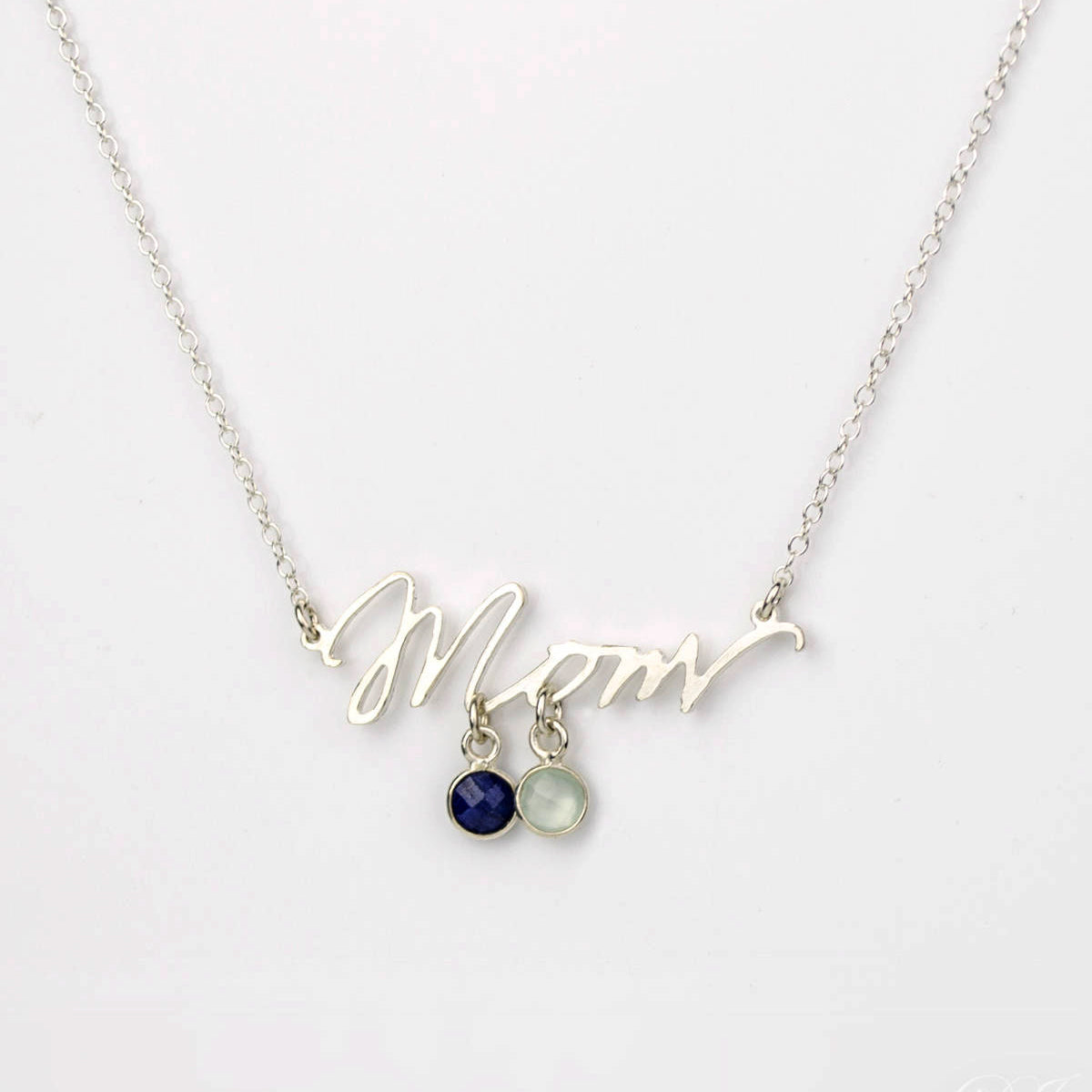 Mom Word Necklace with Tiny Kid's Birthstone Pendants