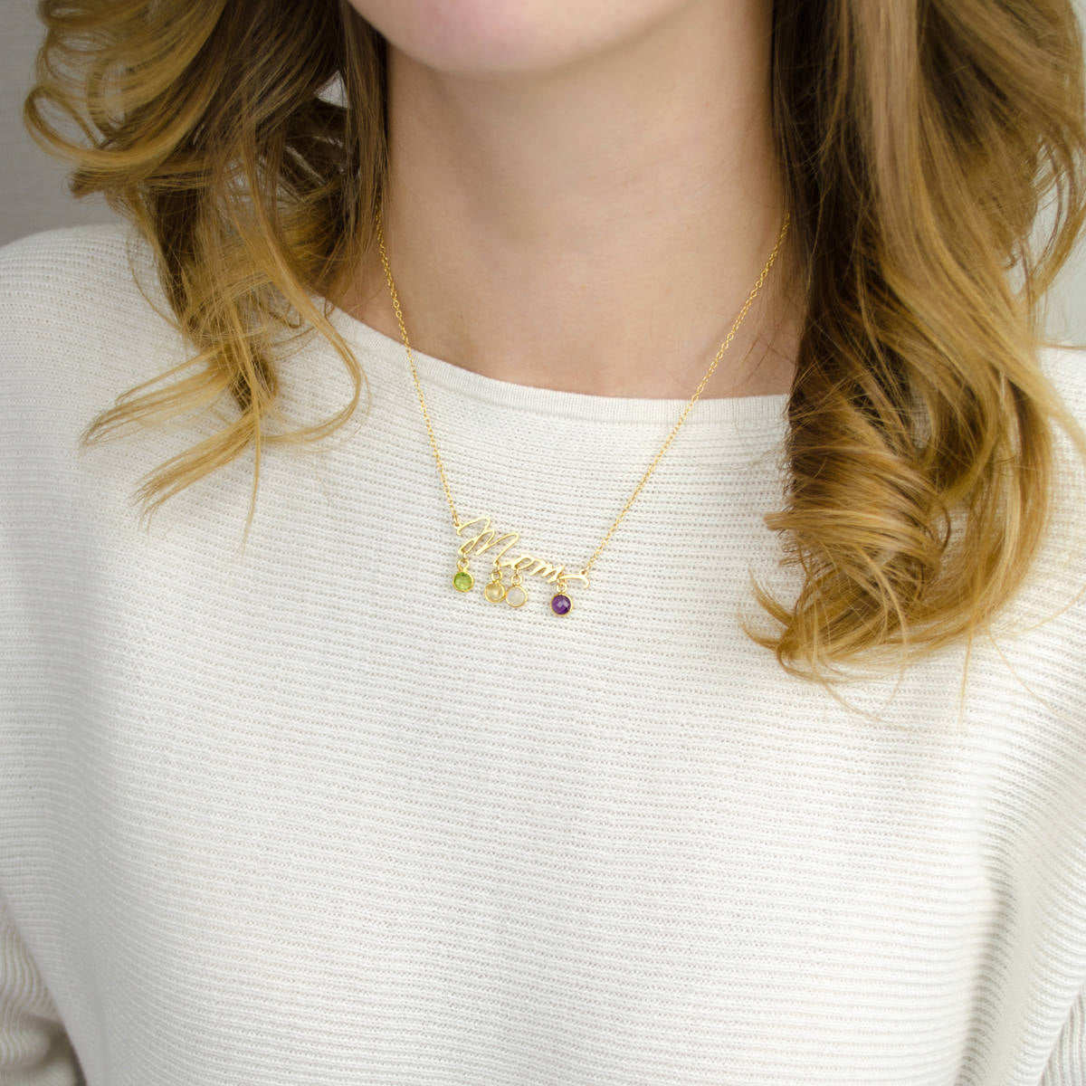 Mom Word Necklace with Tiny Kid's Birthstone Pendants