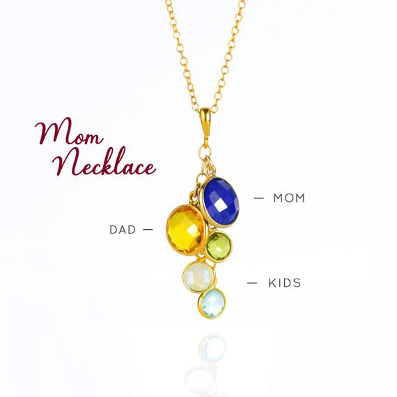 Mom necklace one in gold with cable chain with lapis, citrine, peridot, moonstone and blue topaz birthstones. Personalized two generations family tree birthstone necklace for grandma with kids and grandkids birthstones.