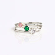 set of three sterling silver Single gold plated dainty 3mm gemstone rings featuring pink chalcedony, green onyx and clear quartz. October birthstone. On white background. 925 sterling silver, birthstone ring, stacking ring, stackable, birthstone jewelry, facet gemstone
