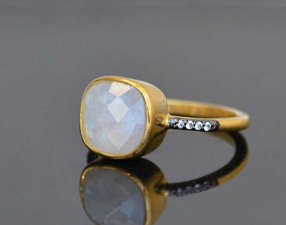 Moonstone gold plated cushion bezel square White topaz pave stacking ring. June birthday, June gemstone, square gemstone, sterling silver, white rainbow birthstone,  stackable, stacking, 